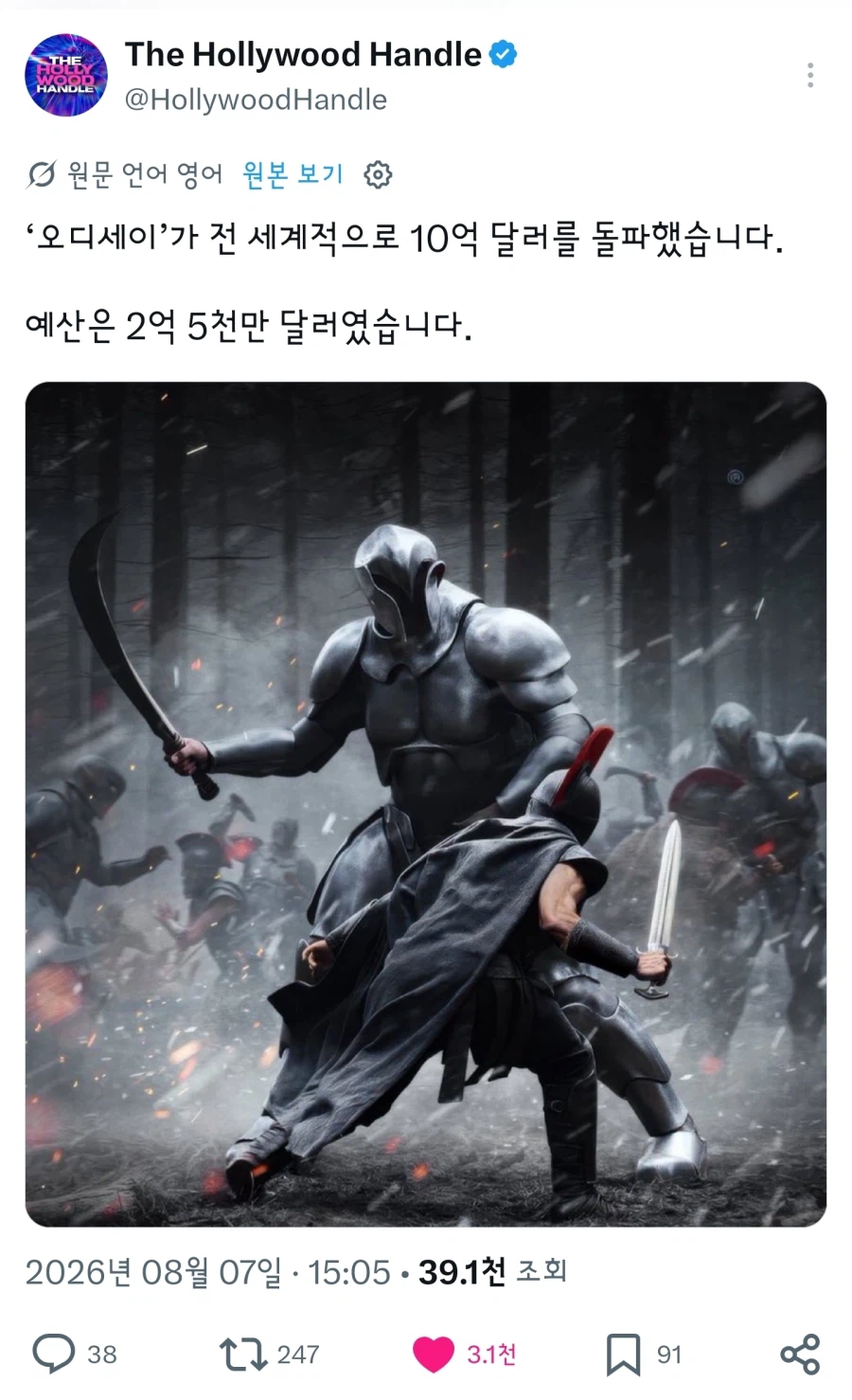[오디세이], 전세계 흥행 10억 달러 돌파